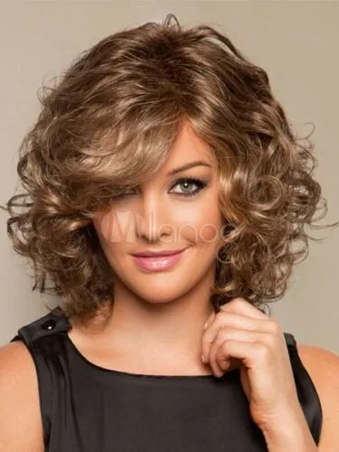 Moda peruca nova encanto mulheres médias longas marrom loira curly wigs de cabelo natural