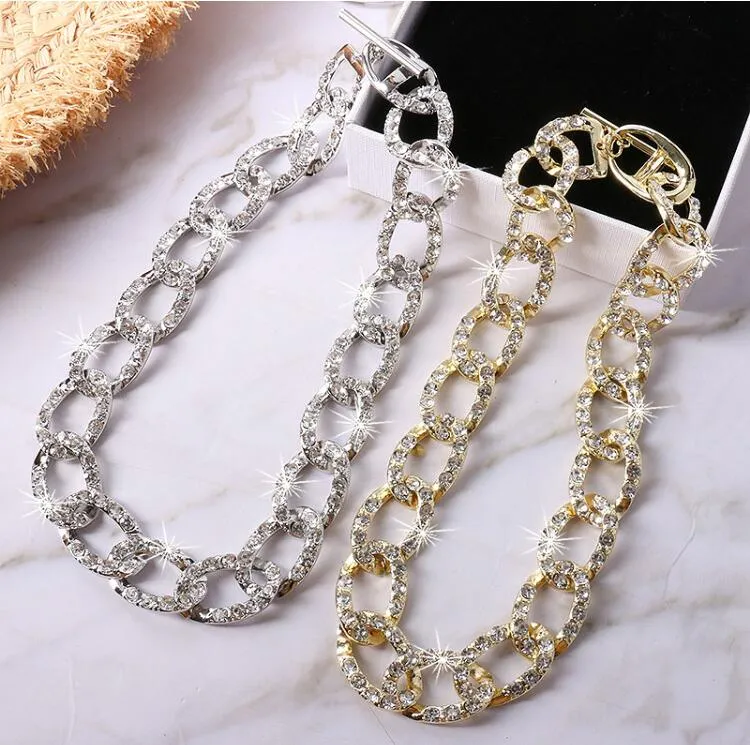 2020 European and American wind blogger Cuban chain wide-brimmed thick chain necklace nightclub hip-hop hipster full diamond clavicle chain
