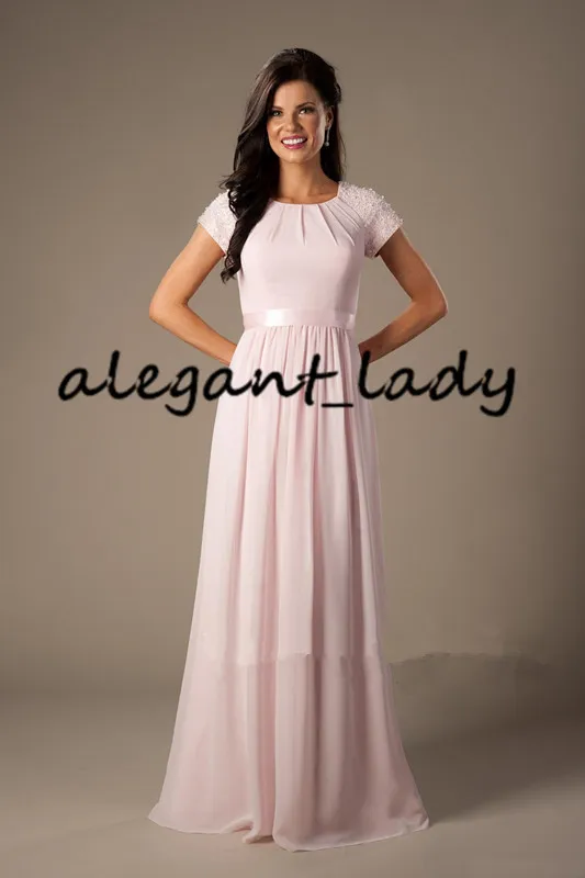 Beaded Pink Long Bridesmaid Dresses With Sleeves 2023 Modest Jewel