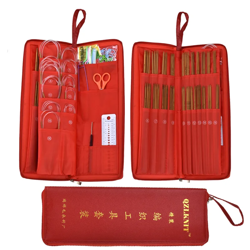 133pcs Knitting Needles Set With Red Case Bamboo & Stainless Steel Knitting Needles+Circular Needles+Crochet Hook for DIY Sewing