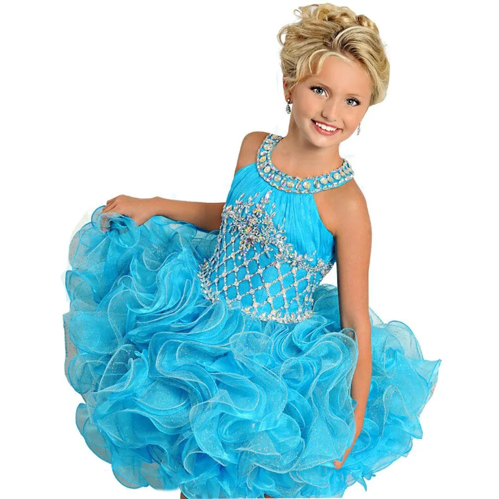 Short Pink Sky Blue Ball Gown Pageant Dresses Cupcake Jewel Neck Crystal Beads Ruffles Organza Puffy Kids Flower Girls Birthday Gowns 403