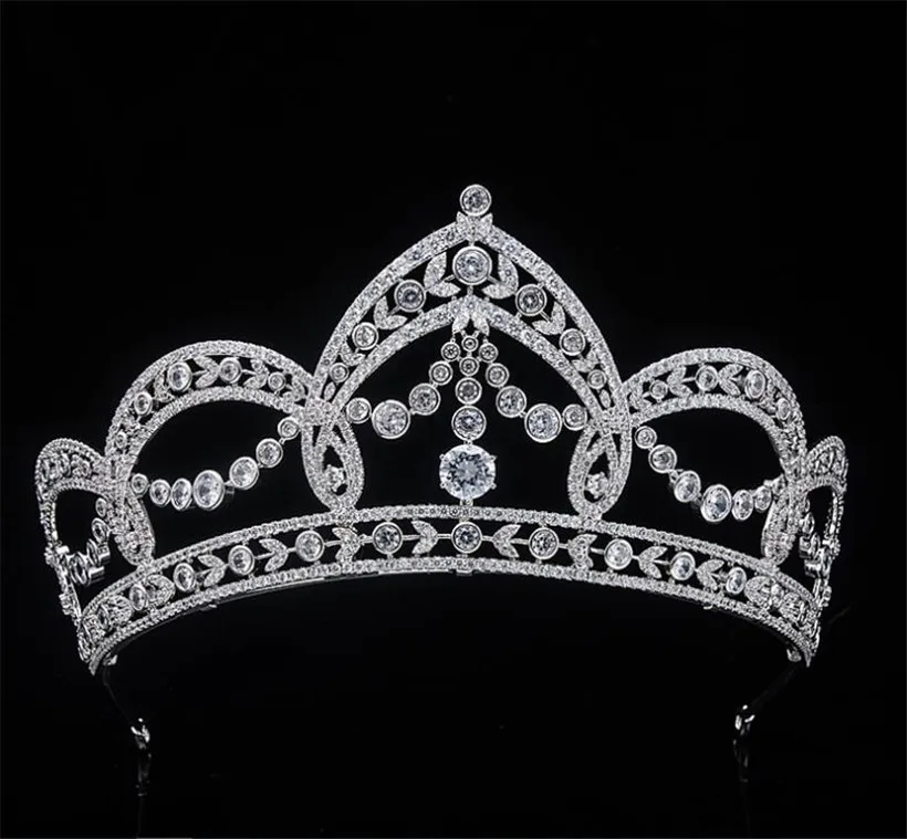 Vintage Queen Crown Tiara Argento Elegante Fascia per capelli da sposa Zircone da sposa Accessori per capelli Gioielli Copricapo Ornamento Prom Copricapo Lusso