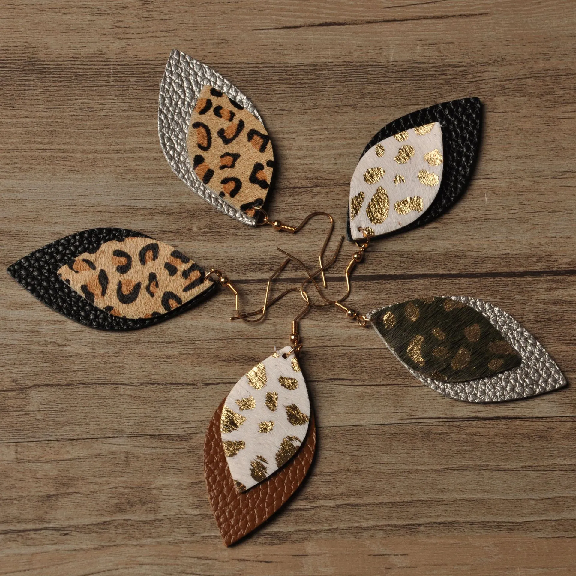 Hot Leopard leather earrings New Designer Real leather earrings European and American leopard double-layer leaves earrings