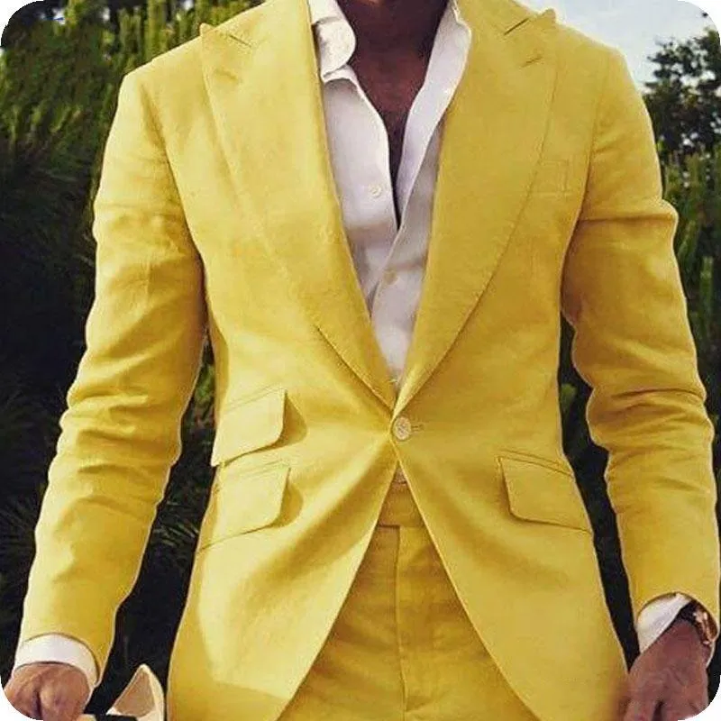 Mais recente Projeto Um Botão Amarelo Do Noivo Do Casamento Smoking Pico Lapela Padrinhos Homens Ternos Blazer Prom (Jaqueta + Calça + Gravata) NO: 2061