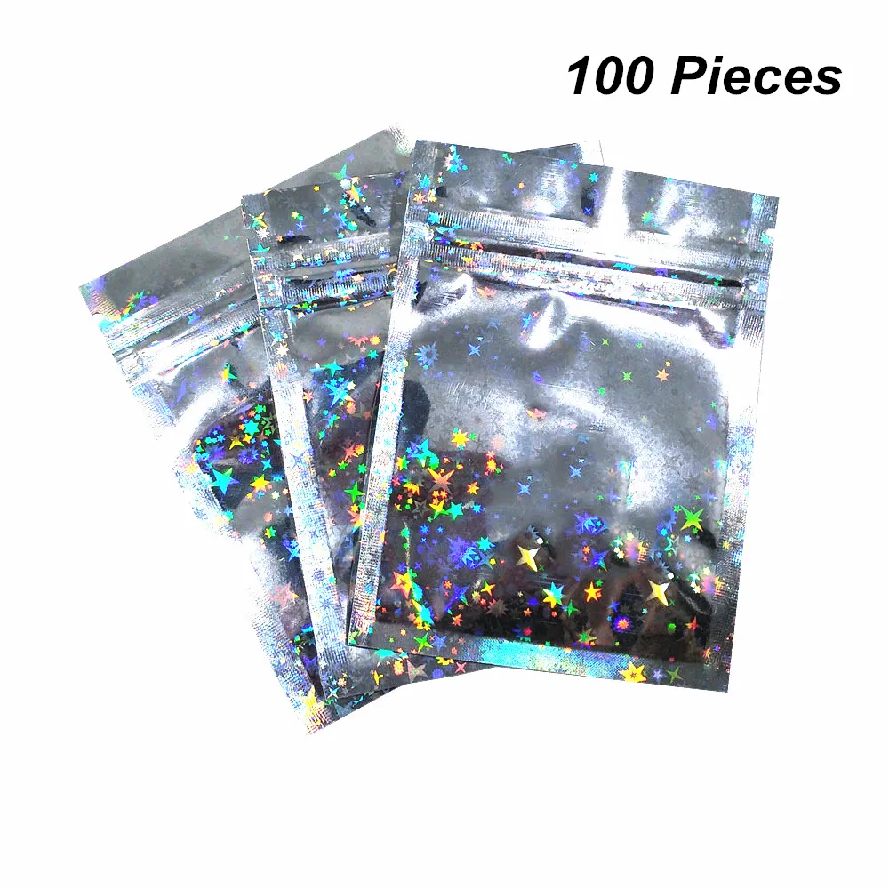 100 Stück, 3 Größen, glitzernde Reißverschluss-Verschluss-Aluminiumfolie, wiederverwendbare Lebensmittelverpackungsbeutel, Mylar für wiederverschließbare Geschenke mit Reißverschluss, Verpackungsbeutel