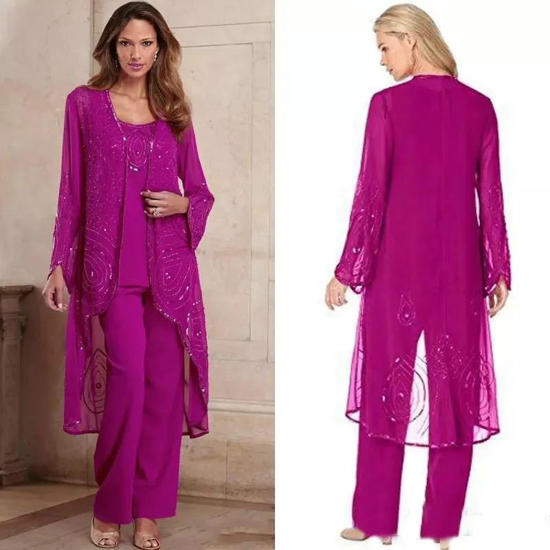 Plus storlek fuchsia mor till brud byxa kostym tre bitar chiffong mor formell slitage pärlstav speciellt tillfälle mödrar pantsuit med jacka