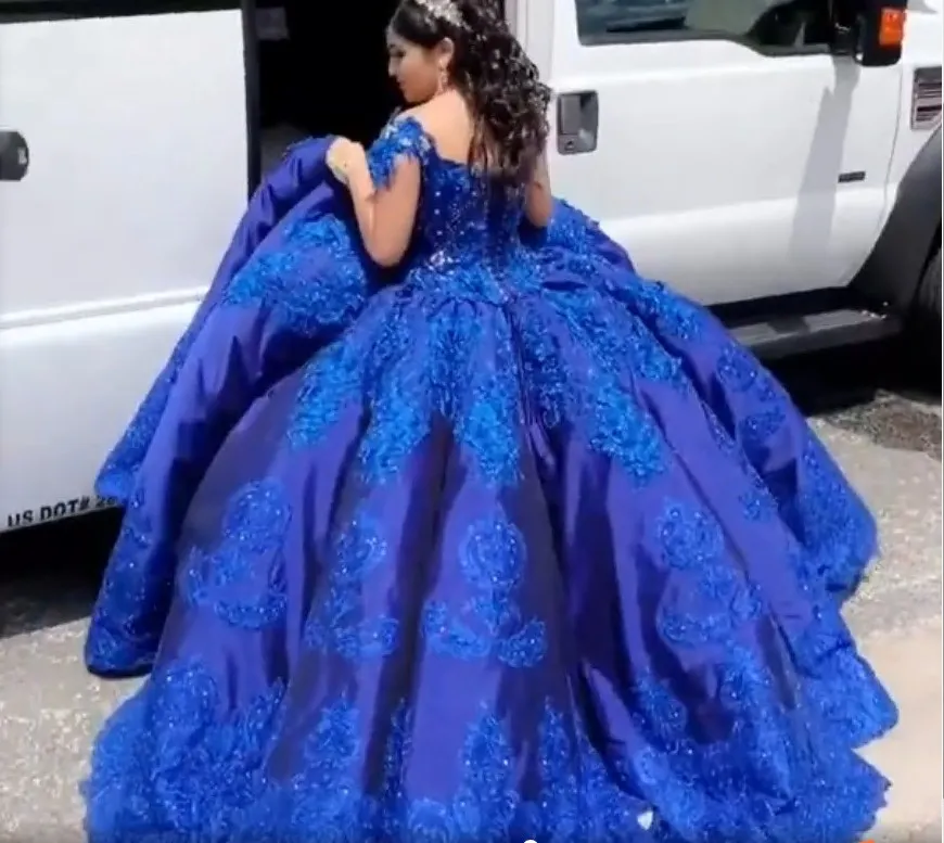 Royal Blue Satin Charro Quinceanera Dresses Cupcake Ball Gowns Prom 2021 Off The Shoulder Lace Crystal Mexican Sweet 16 Dress Vestidos De