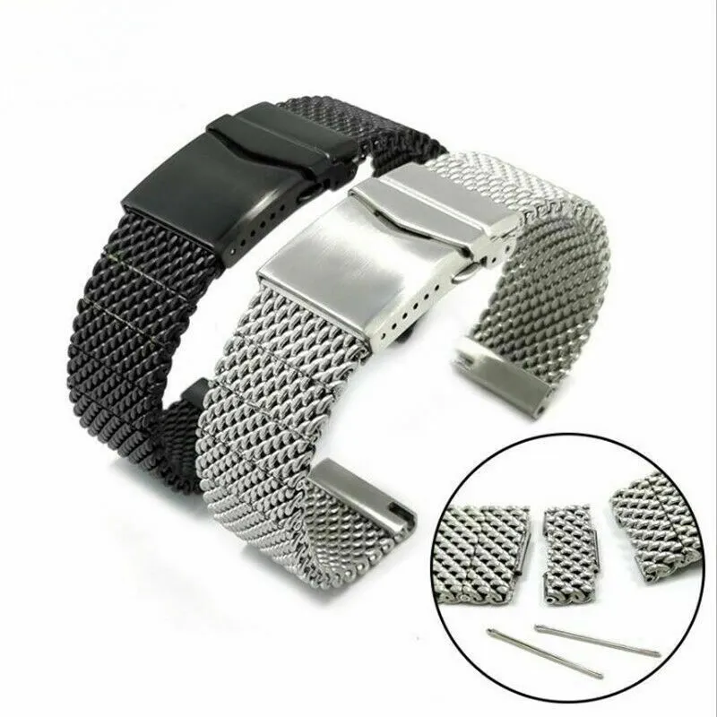 Luxury High Quality Black/Silver 22mm Mesh Stainless Steel Band Solid Link Watch Strap Replacement Bracelet Straight Ends Fold Clasp