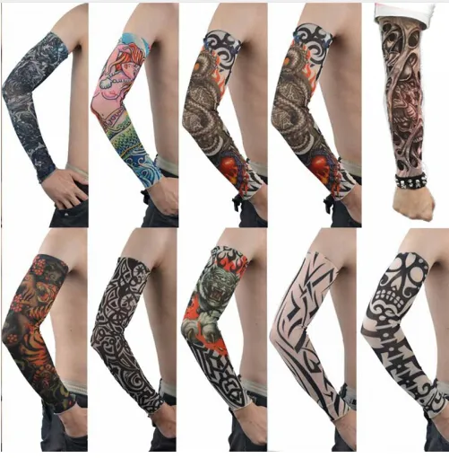 10 pz/set Pelle Proteive Nylon Elastico Falso Tatuaggio Temporaneo Maniche Braccio Calze Design Corpo Freddo Uomini Unisex Moda Scaldamuscoli Caldo