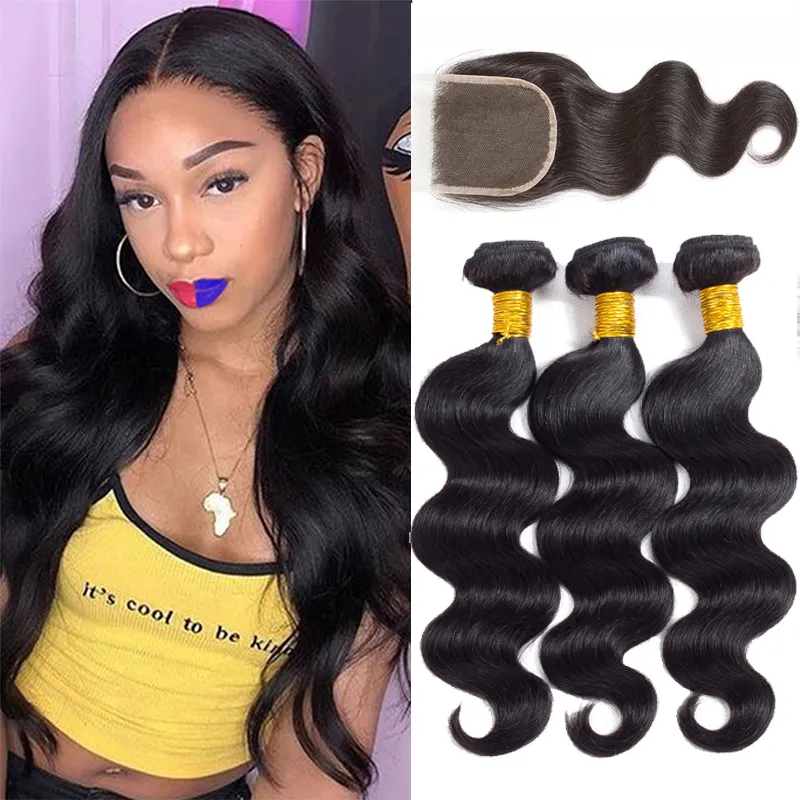 Virgin Braziliaanse haar Body Wave Menselijk Haar Inslagen met Sluiting Body Wave Hair Bundels met Frontale Peruaanse Maleisin Extensions Bulk Order