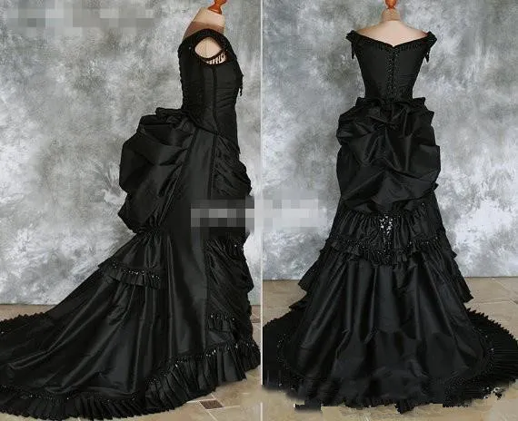 Vintage Black Gothic Mermaid Wedding Dresses Off Shoulder Ruffles Crystals Satin Chapel Train 2019 Victorian Bridal Gowns Costume Dress