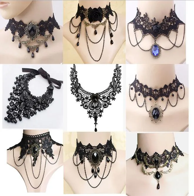 Halloween Sexy Gothic Chokers Crystal Black Lace Neck From