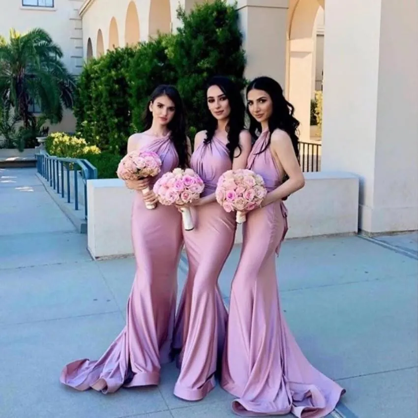 Pink Mermaid Romantic Bridesmaid klänningar en axel satin lång bröllop gästklänning piga av hedersklänningar kläder de demoiselle d'Honneur Moiselle