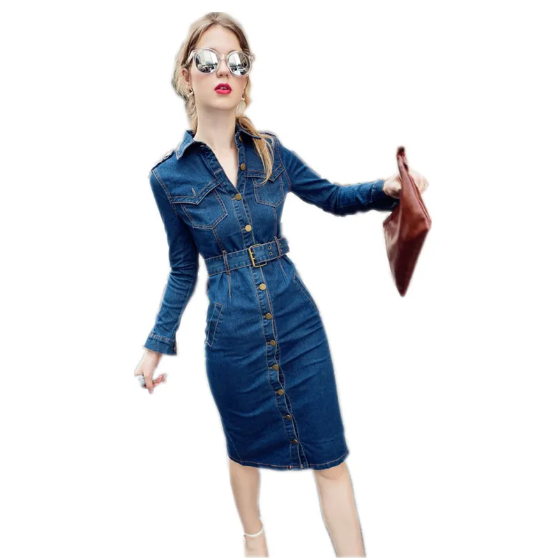 Autumn Women Casual Denim Dress Long Sleeve Slim Female Dresses Jeans Dresses Retro Sexy Jeans Ladies Dress Vestido