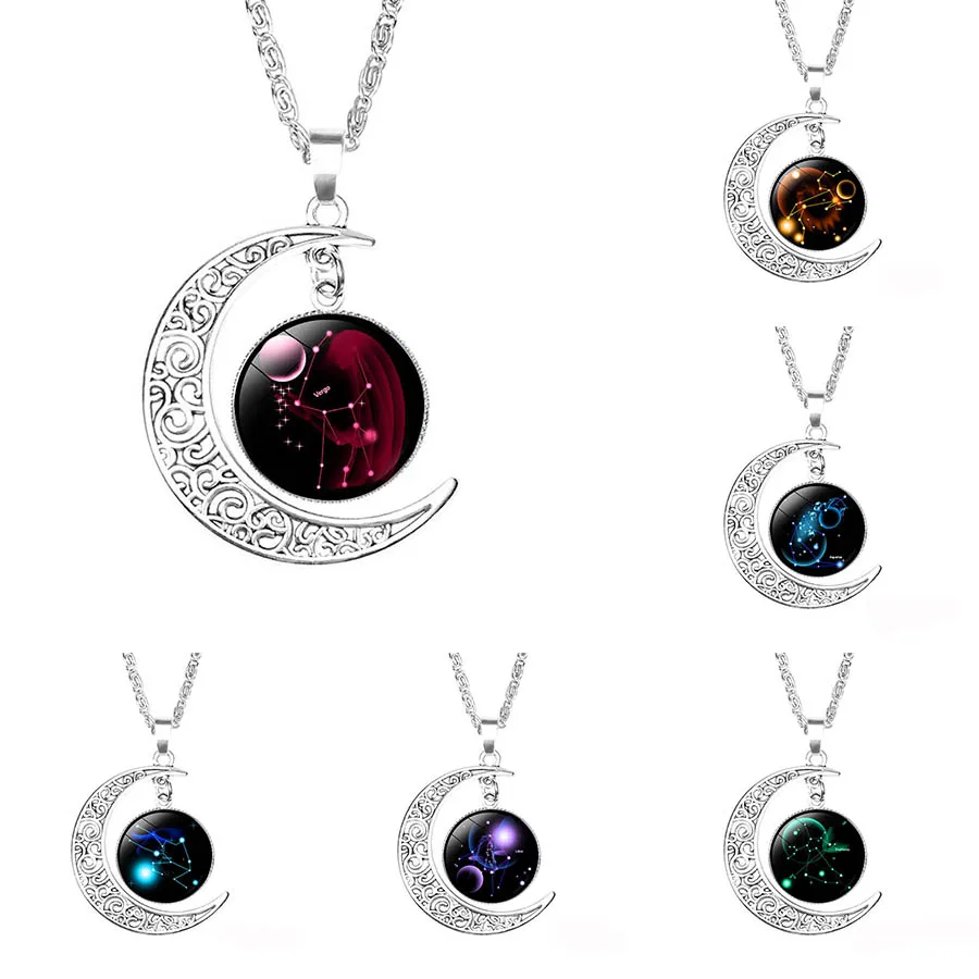 Ny 12 Zodiac Sign Pendant Moon Halsband för kvinnor Glas Cabochon Constellation Charm Kedjor Mode Smycken Gift