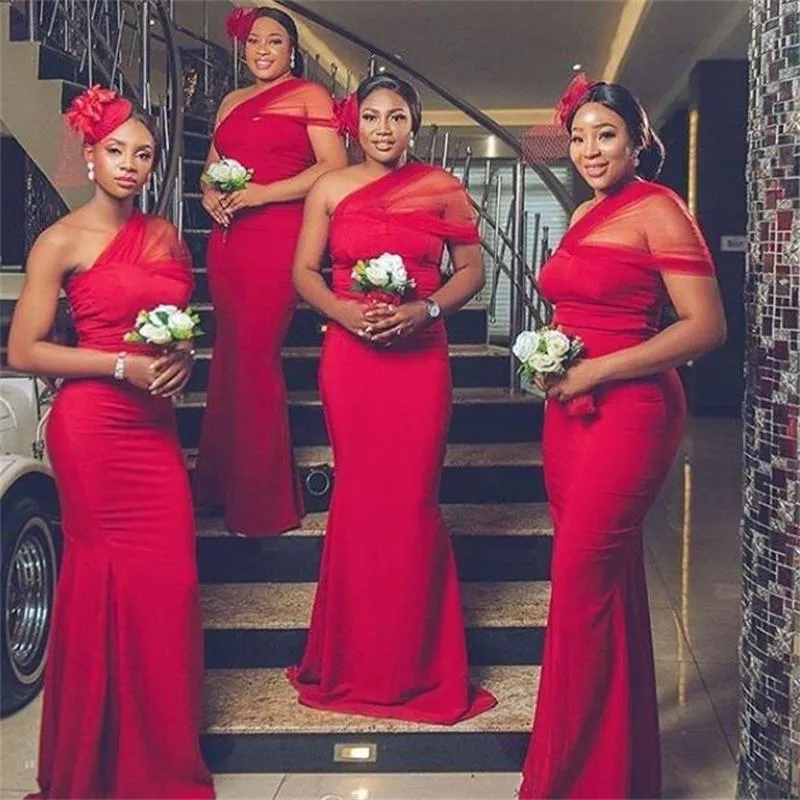 2020 아프리카 인어 신부 들러리 드레스 플러스 사이즈 1 어깨 새틴 하녀의 명예 가운 바닥 길이 웨딩 게스트 드레스
