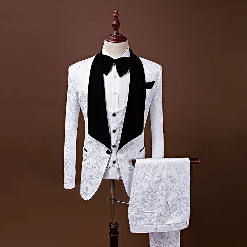 Nieuwste White Wedding Bruidegom Tuxedos voor Prom Sjaal Kraag Italiaanse Man Glanzende Jacquard Real Image Zwart Boog Ties Bruidegom Pakken voor Bestman 2019