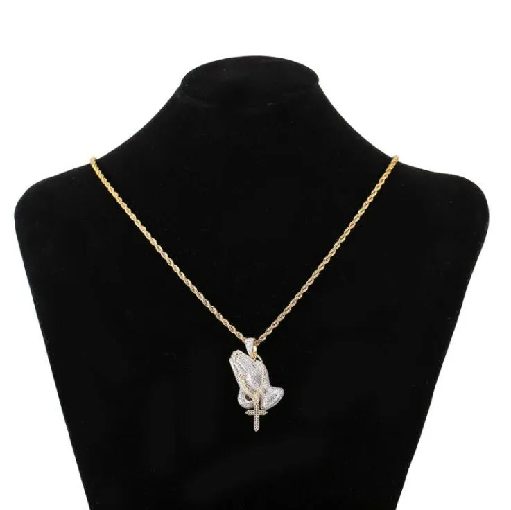 Collana Hip Hop Con Ciondolo Mani In Preghiera Placcato Oro 14K Catena A 570135