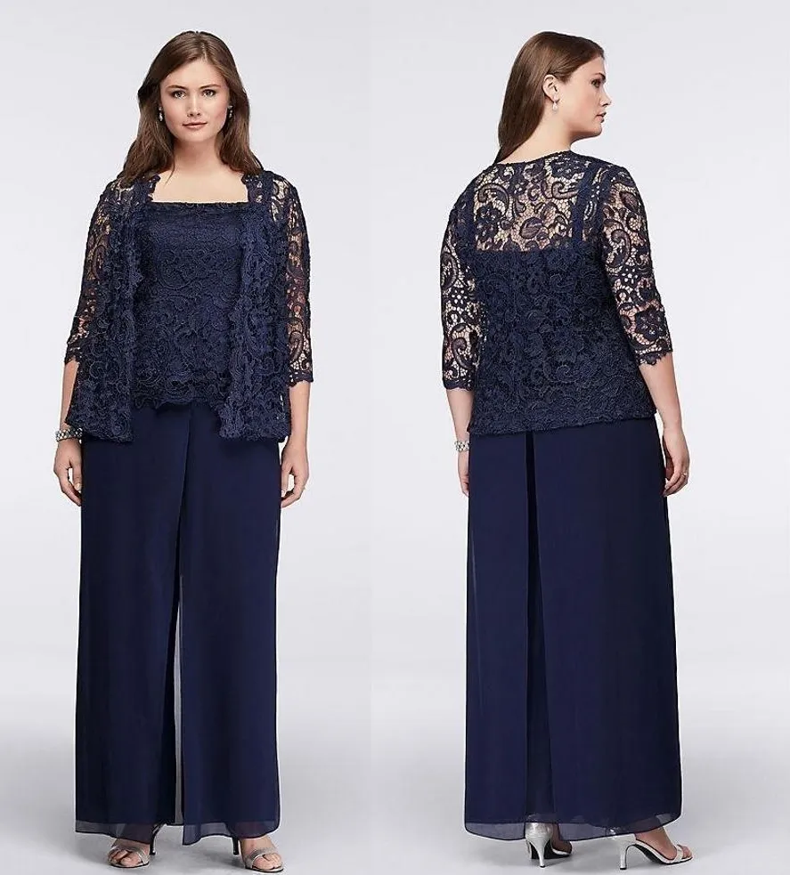 Werbowy Lace Mother Of The Bride Pant Suits With Jackets Wedding Guest Dress Plus Size Dark Navy Mothers Groom Dresses