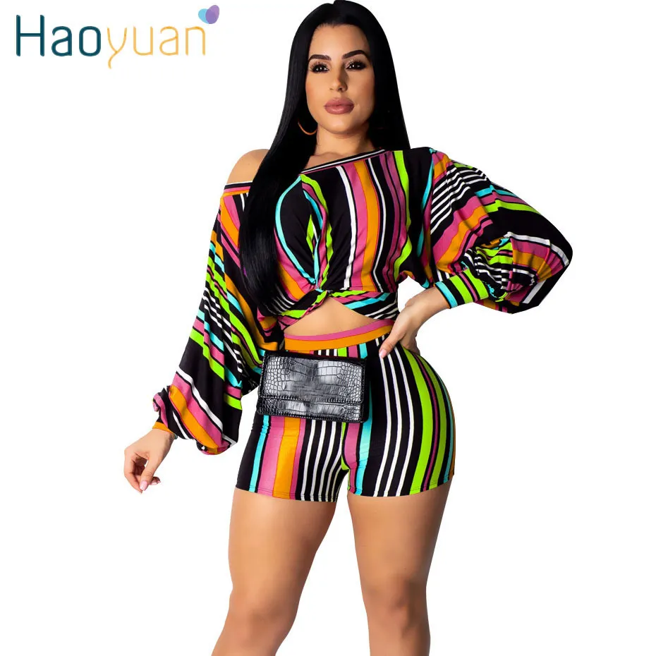 Haoyuan Striped Plus Size 2 Two Piece Set Puff Sleeve Crop Top And Biker Shorts Sexy Club Summer Outfits For Women Matching Sets Y19062601