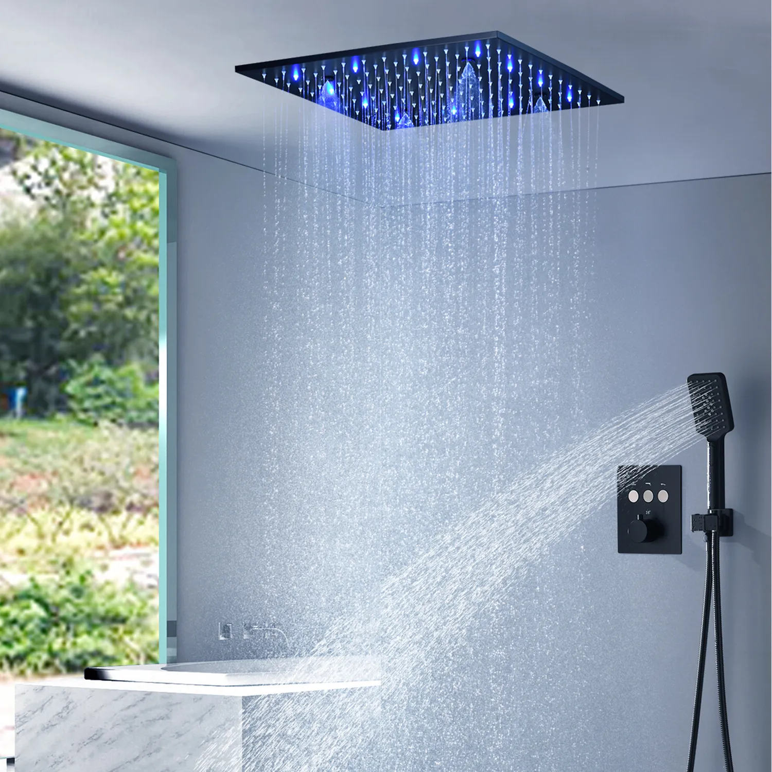 LED Multi-functional Lights Matte Black Thermostatic Bathroom Faucet Set For Bath With Rainfall Shower Head Massage Spray Jets