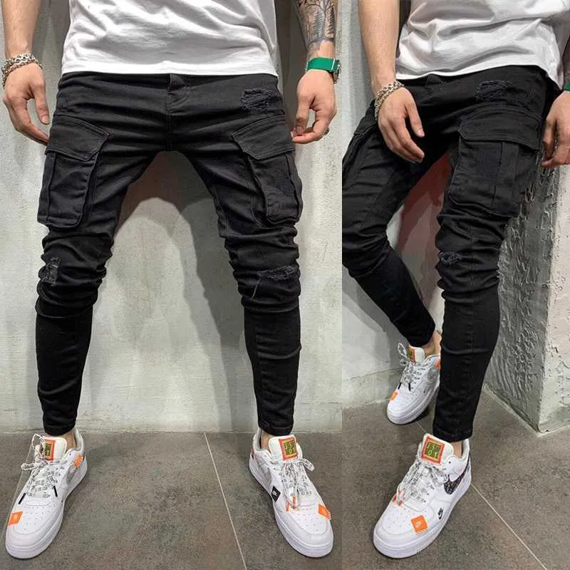 New Black Biker Cargo Jeans Men Multi-Pocket Slim Fit Joggers Trousers Mens Ripped Hole Motorcycle Streetwear Denim Pencil Pants287I