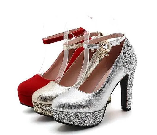 Plus size 34 to 43 Glitter sequined ankle strappy round toe platform pumps gold silver wedding ashoes