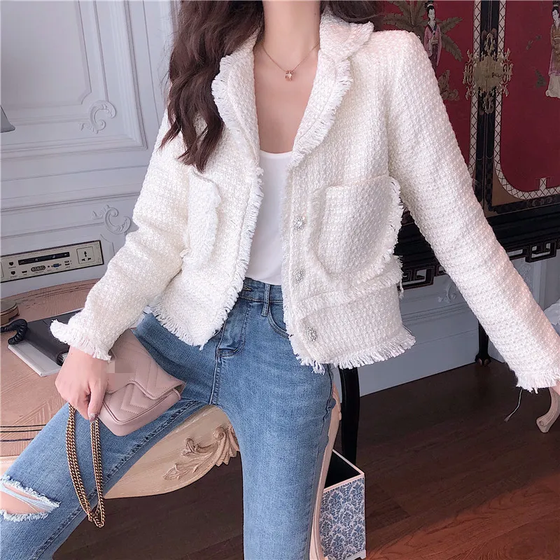 New Ladies White Tweed Jaqueta Casaco de Outono Mulheres Single-Breasted Manga Longa Casacos Casaco Tassel Slim Casaco de Lã Outerwear Y190827