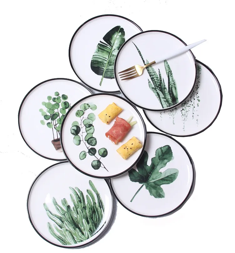 Green Tropical Leaves Porcelain Dinner Plates 10 8 inch Party Dishes for Breakfast Steak Dessert Fruit Musa Cactus Leaf 7 Pattern