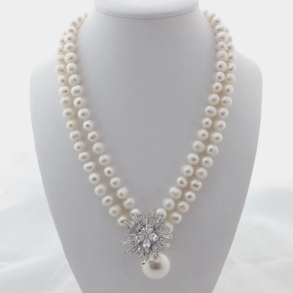 Charmiga 2Strands 7-8mm White Freshwater Pearl Necklace Micro Inlay Zircon Accessories Shell Pendant Long 45-48cm