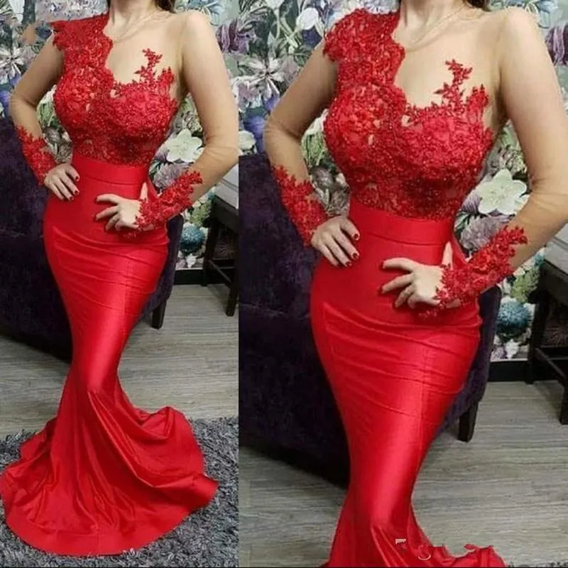 Rood 2020 bescheiden prom -jurken Mermaid Satin Lange illusie Mouwen Lace Applique kralen vloerlengte op maat gemaakte avondfeestjurken