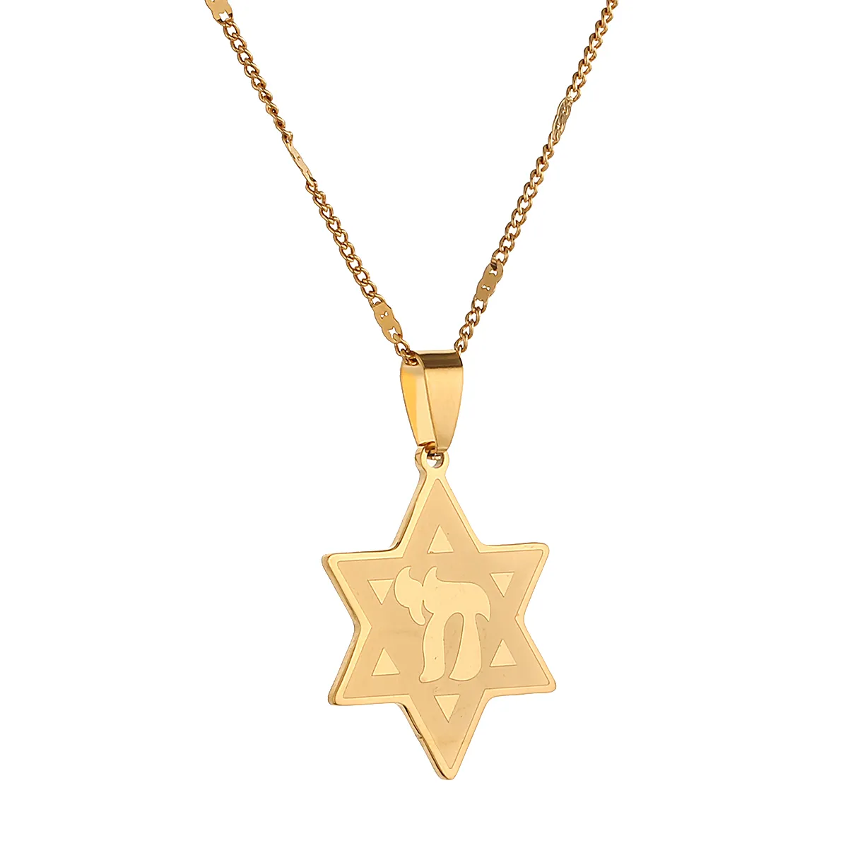 Stainless Steel Star of David W/Chai Symbol Pendant Necklace Jews Women Men Trendy Chain Jewelry
