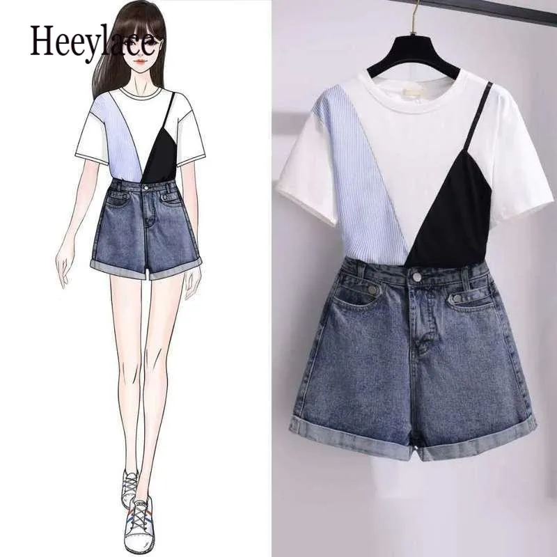 Two Piece Dress 2021 Summer 2 Outfits Korean Style Chic T shirt Tops And Shorts Set Casual Cute Girl Suit Women Clothes