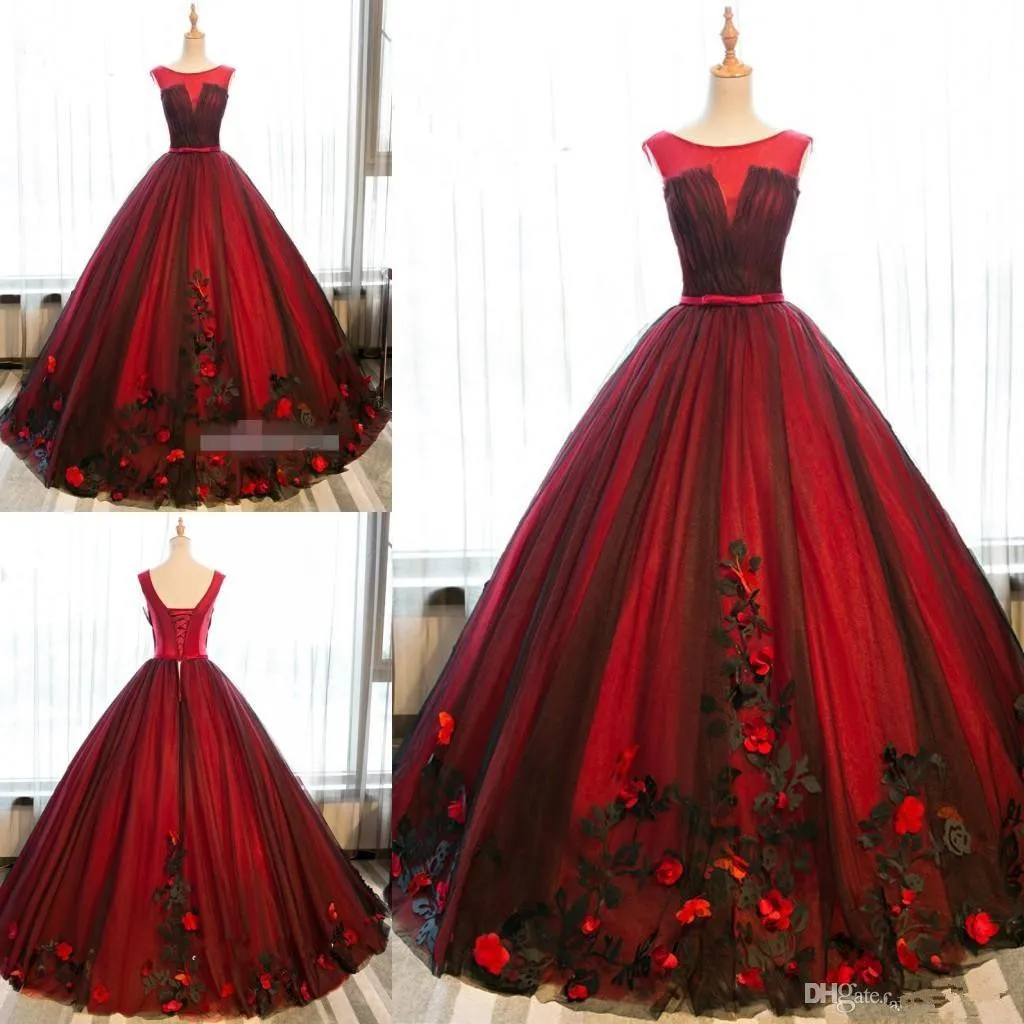 Schwarze und rote Ballkleid-Quinceanera-Kleider, Tüll, Sweet-16-Schnürung, 3D-Blumen, Abschlussball-Party-Kleider, Kleider für besondere Anlässe