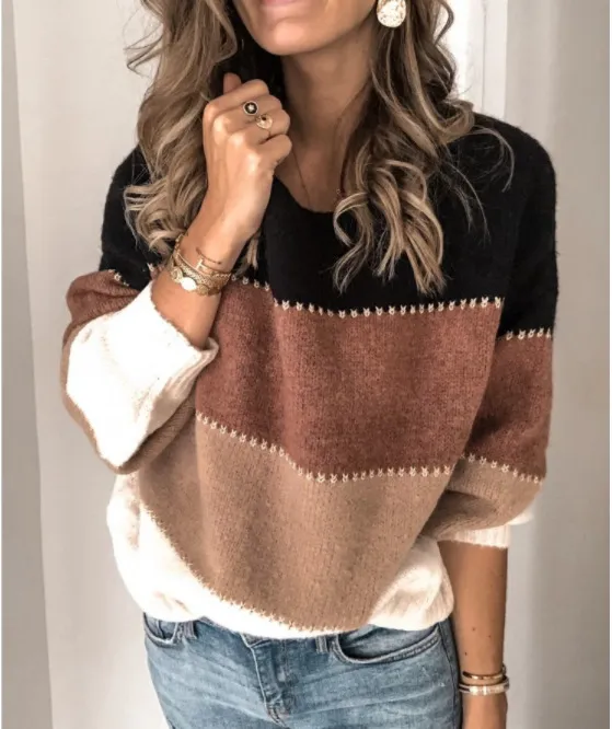 Kvinders Vinter Fleece Sweater Mode Patchwork Fluffy Tykk Sweater Varm Pullover med 7 Farver Sweater Asiatisk Størrelse S-5XL