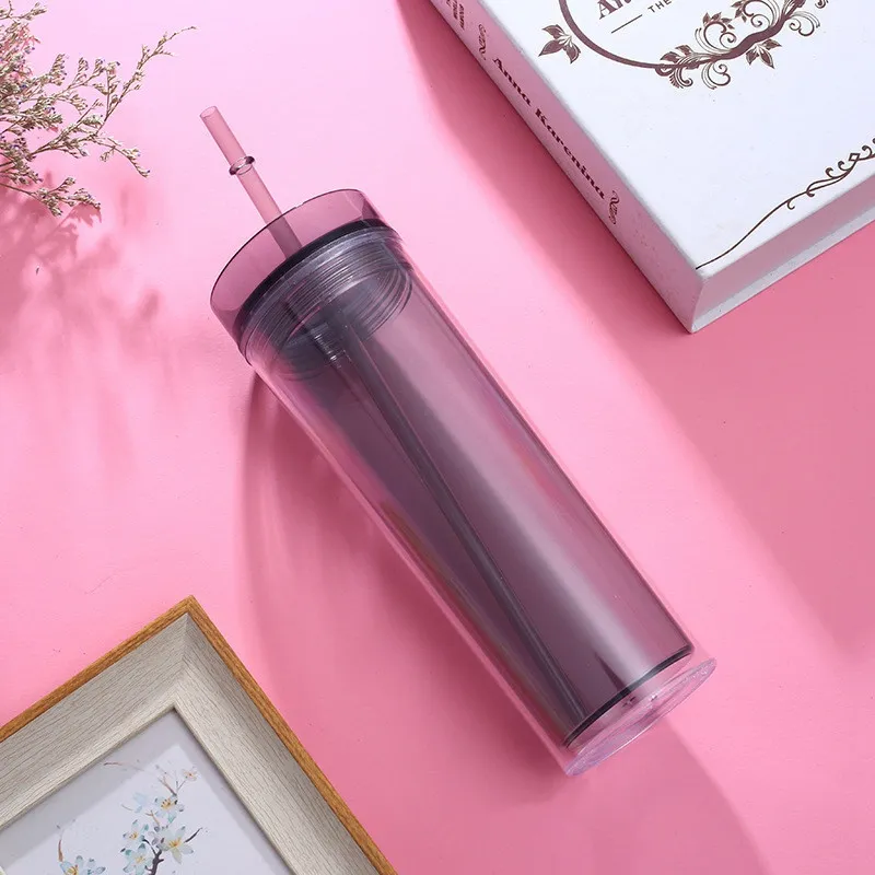 BPA Free 16 oz Acrylic Skinny Tumbler Double Wall Clear Drinking Cup with Lid and Straws Heat Proof Water Bottle 08