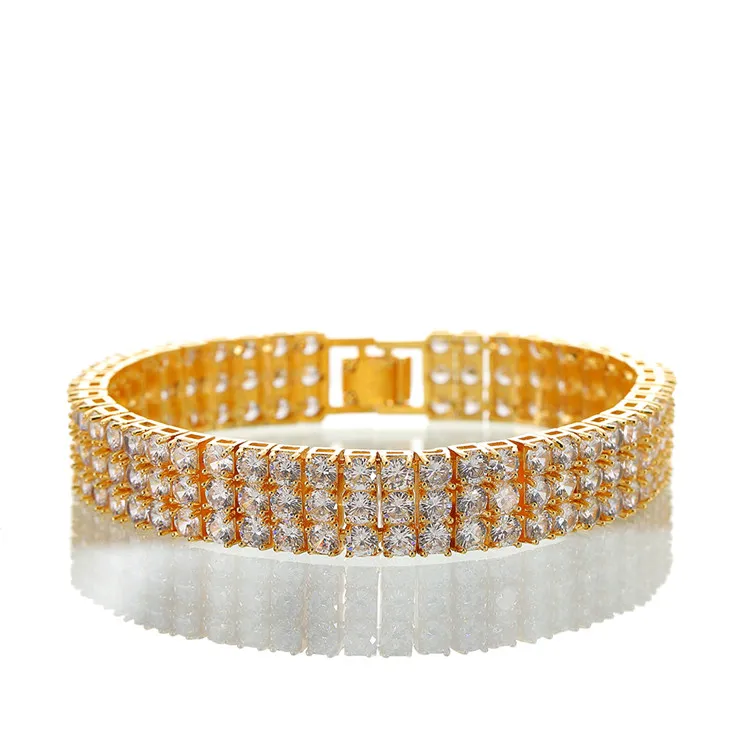 Mens Tennis Bracelet Gold Finish Round Cut 3 Row Simulated Diamond