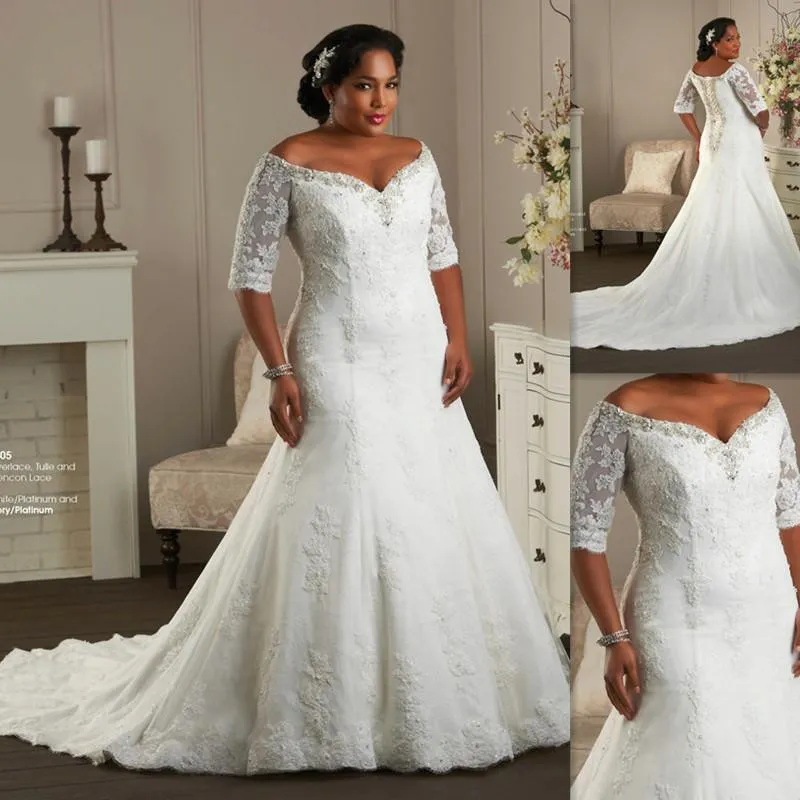 Plus Size Mermaid Wedding Dresses With 3/4 Long Sleeve Vintage Lace ...