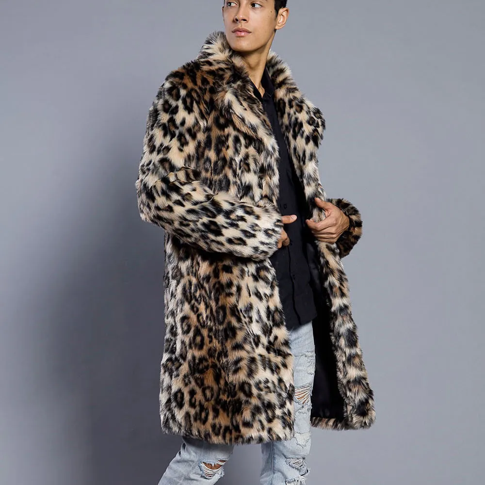Мужские куртки Мужские леопардовые утепленные длинные пальто Теплая толстая куртка с меховым воротником Куртка из искусственного меха Кардиган мужской модный стиль 816