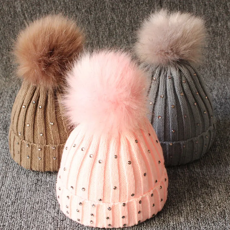 Baby Baby Knit Cap Haak Hoeden Kinderen Designer Pailletten Bont Pompom Solid Caps Outdoor Slouchy Mutsen Peuter