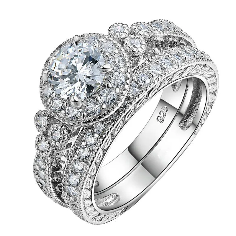 Partihandel-Vintage Smycken Rund Klipp 925 Sterling Silver Vit Topaz CZ Diamant Gemstones Bröllop Engagement Bridal Ring Set Present