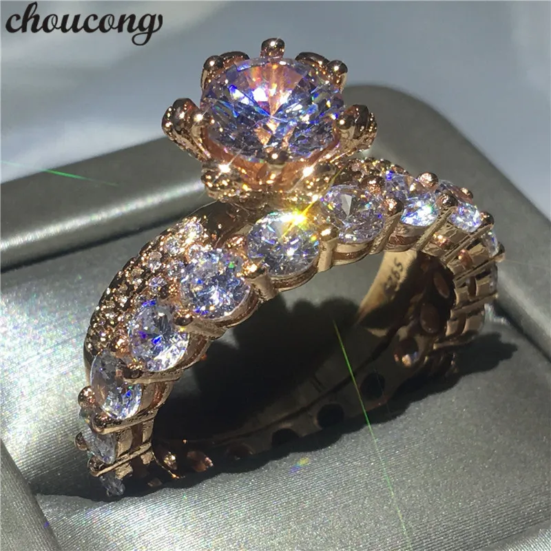 Choucong Fashion Flower Ring Set 3CT Diamond Rose Gold Wypełnione 925 Srebrne zaręczynowe zespoły ślubne Pierścienie dla kobiet prezent