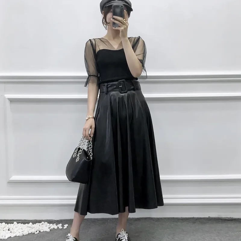 Women Vintage Faux Leather Skirt With Belt 2019 Elegant Office Ladies Black PU Midi Skirt Fashion Pleated Casual Ladies Skirts