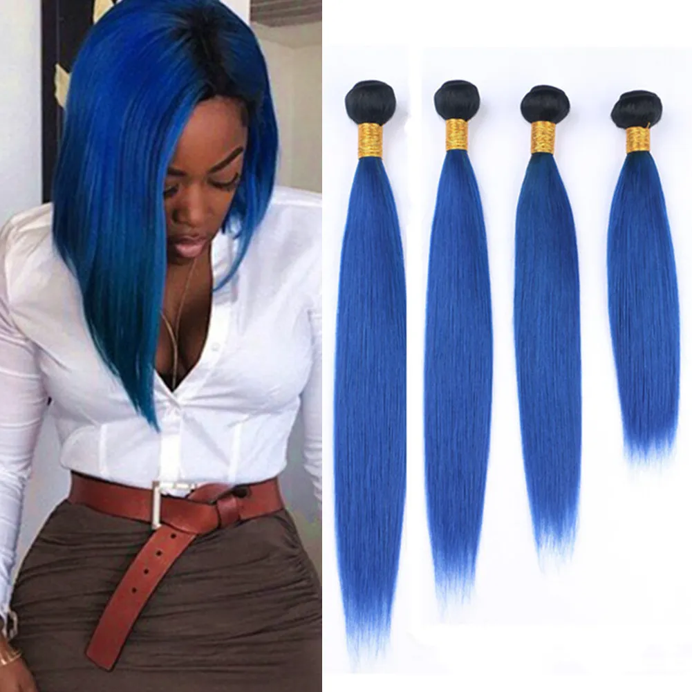 # 1B Bleu Ombre Droite Bundles de Cheveux Humains Noir et Bleu Foncé Ombre Brésilien Cheveux Vierges Tisse Deux Tons Extensions de Trame de Cheveux Humains 4Pcs