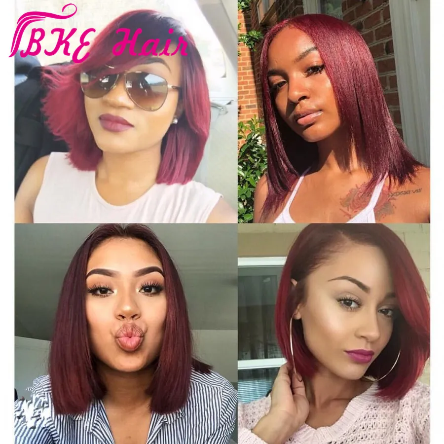 burgundy short bob synthetic lace front wig heavy density natural hairline middle parting for white women Wigs