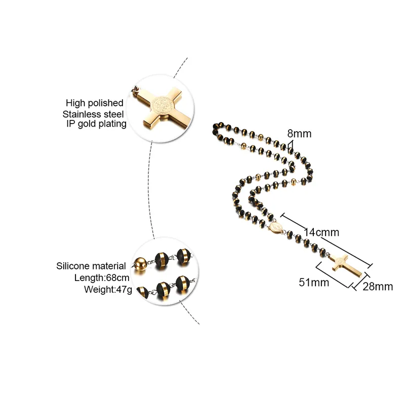 男性用のブラックゴールドカラー長いロザリオネックレス
