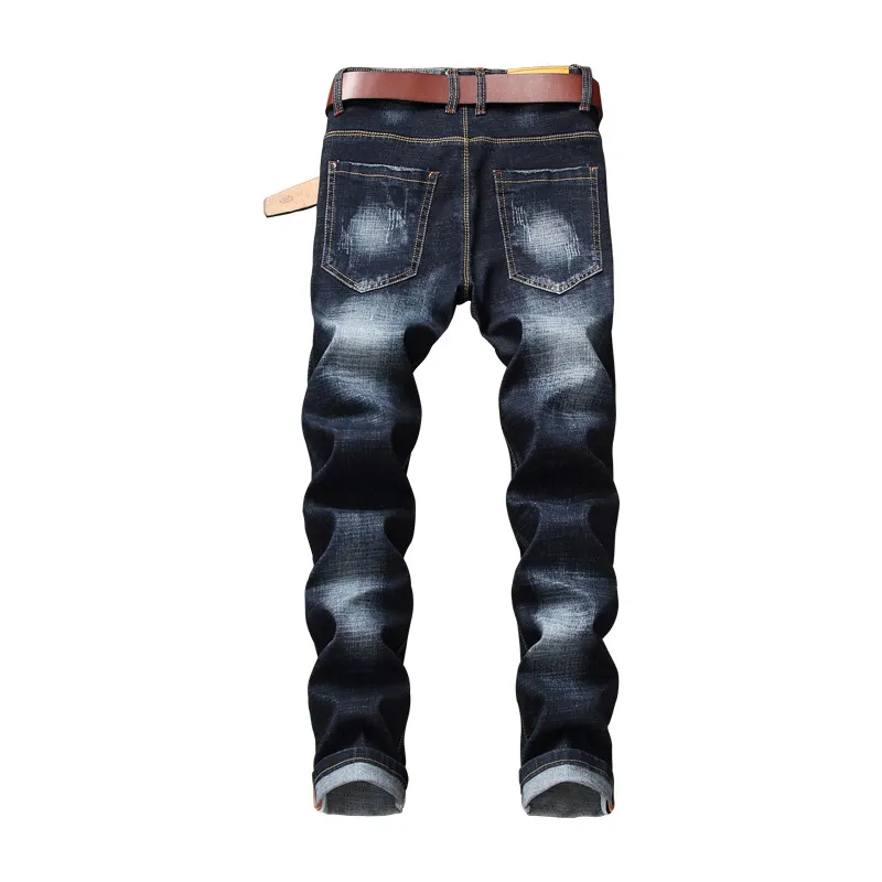 Men`s Jeans Mens Style Floral Embroidery Full Length Denim Pants Straight Runway Fashion Washed Elastic Trousers