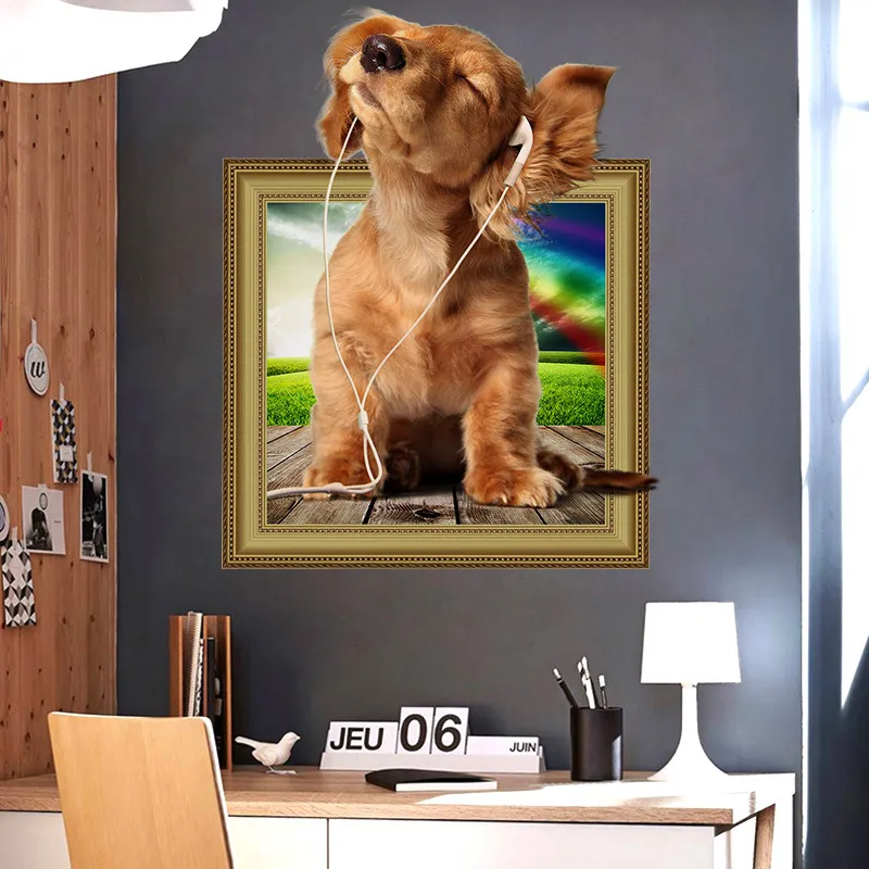 Abnehmbare Hunde Haustiere Niedliche Welpen Mops 3D-Fotorahmen-Effekt  Fenster-Wandaufkleber Vinyl Poster Kinder Baby Kinderzimmer Dekor Aufkleber