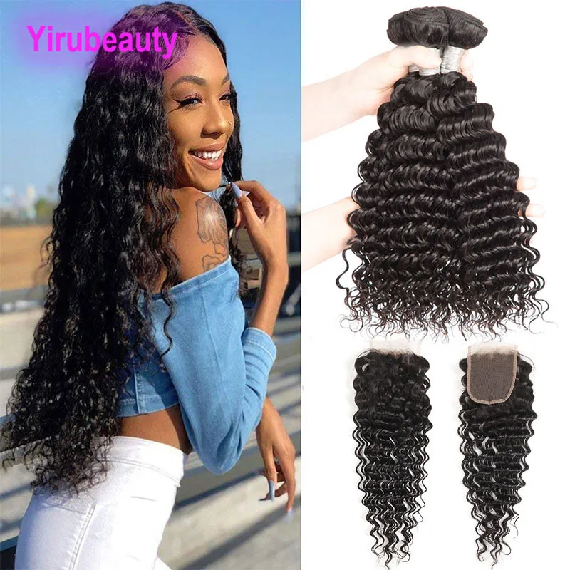 9a Brazylijskie Virgin Hair Bundles z koronką 4x4 Głęboką falę Kuranowe 4piece/działek naturalny kolor głębokie falu włosy wątki z trzema środkowymi za darmo