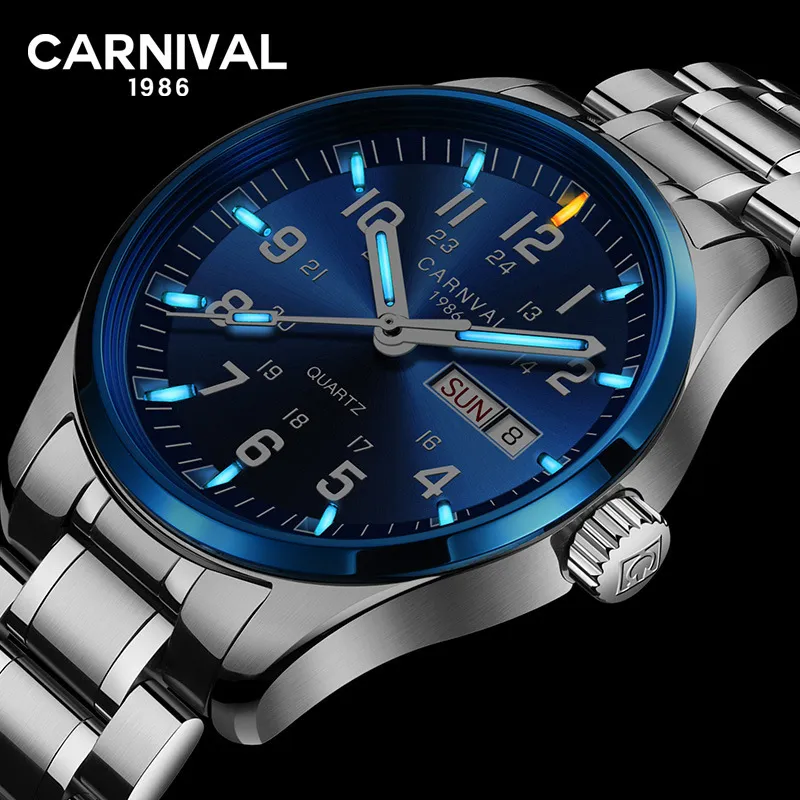 Carnival Top Luxury Męskie Zegarki Trituium T25 Luminous Double Calendar Zegarek Kwarcowy Mężczyźni Wodoodporne Wristwatches Relogio Masculino T200409